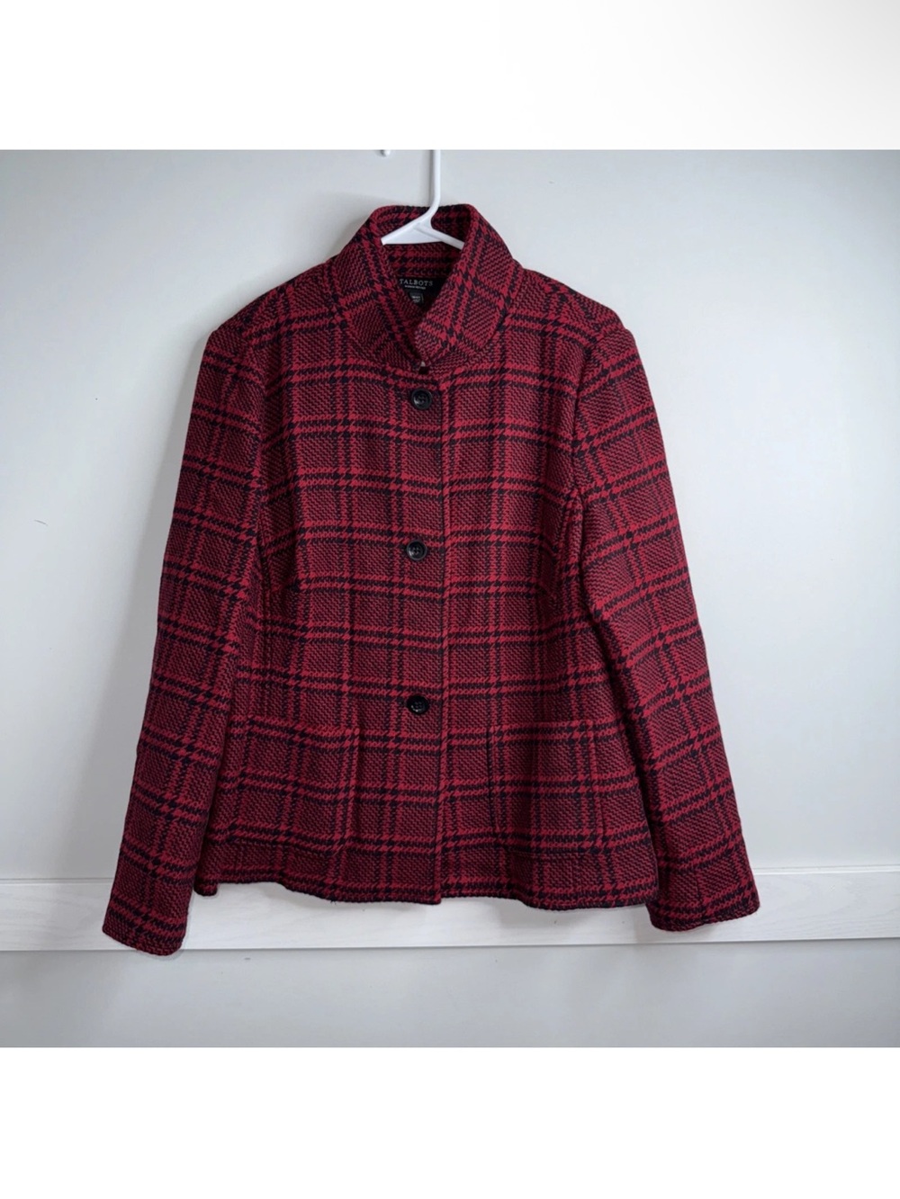 Talbots Blazer Jacket Womens Size 16WP Wool Blend Plaid Red/Black Pockets Lined